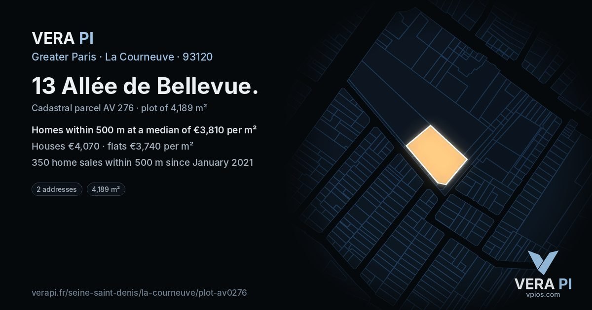 13 Allée de Bellevue, La Courneuve at night – the plot lit, the parcels around coloured by the prices near them