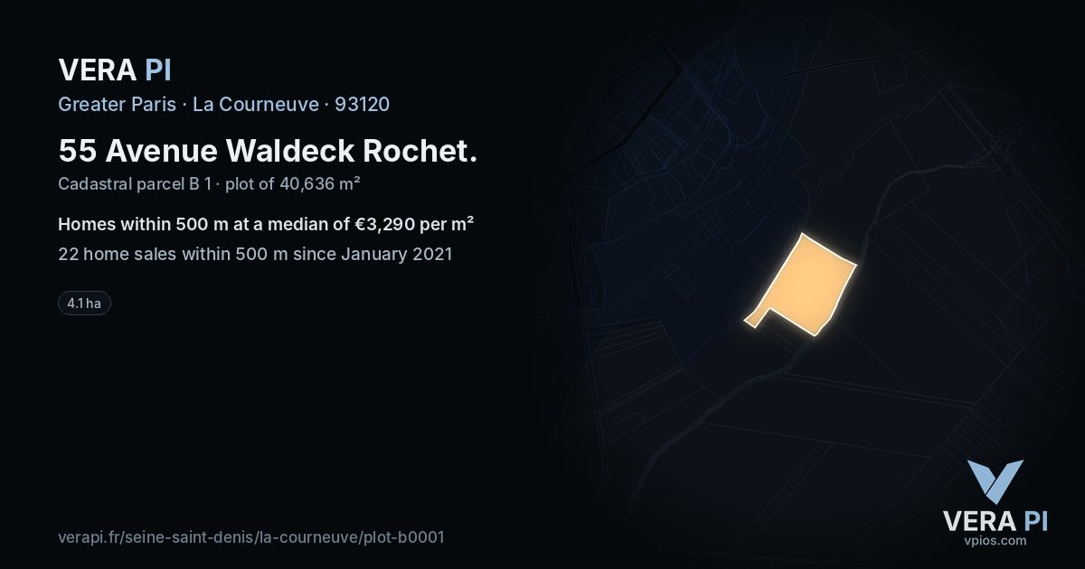 55 Avenue Waldeck Rochet, La Courneuve at night – the plot lit, the parcels around coloured by the prices near them