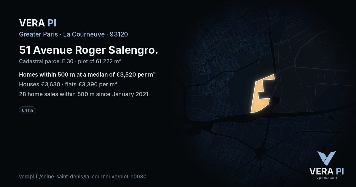 51 Avenue Roger Salengro, La Courneuve at night – the plot lit, the parcels around coloured by the prices near them