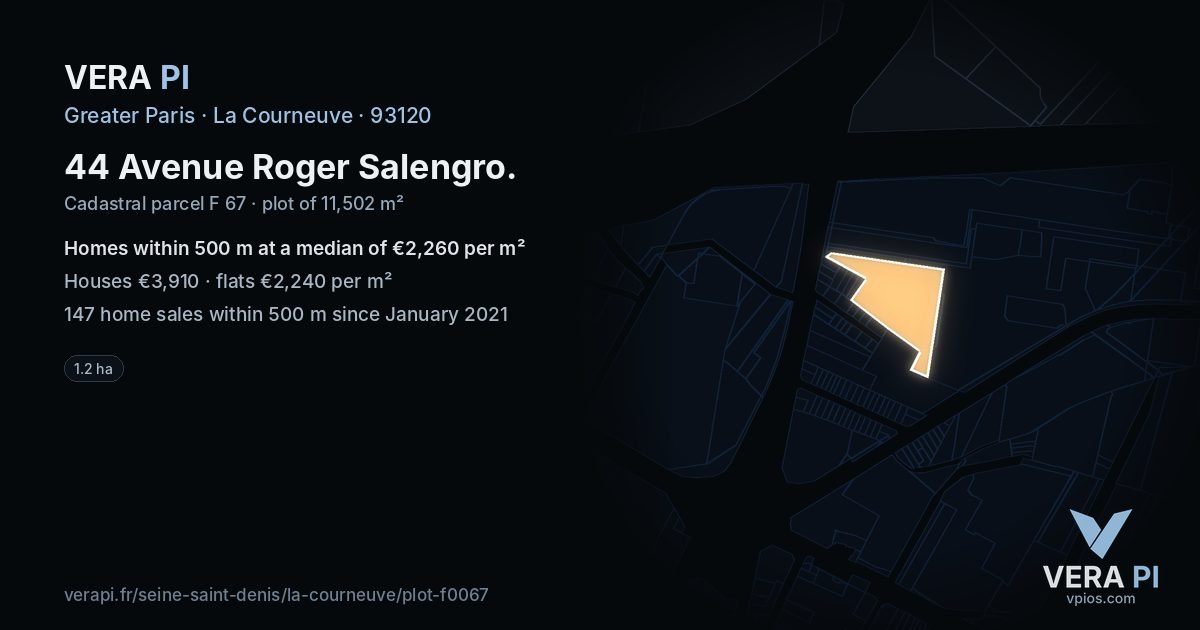 44 Avenue Roger Salengro, La Courneuve at night – the plot lit, the parcels around coloured by the prices near them