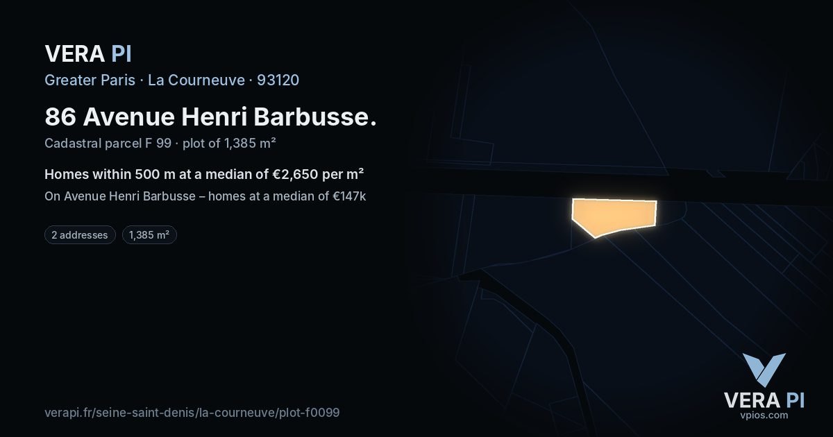 86 Avenue Henri Barbusse, La Courneuve at night – the plot lit, the parcels around coloured by the prices near them