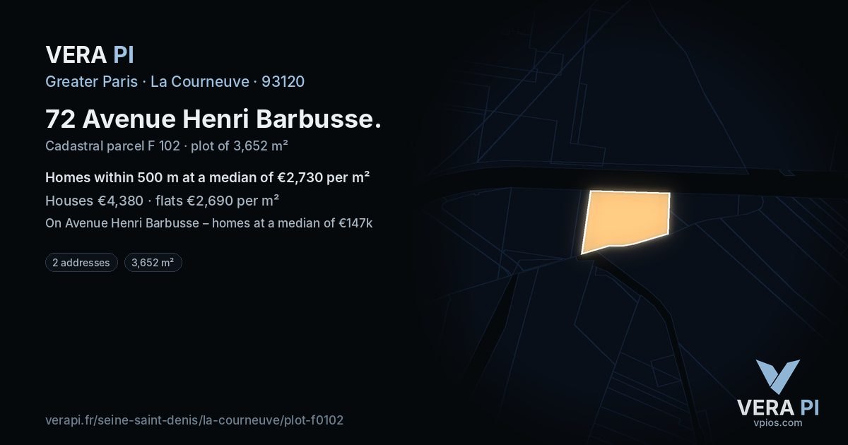 72 Avenue Henri Barbusse, La Courneuve at night – the plot lit, the parcels around coloured by the prices near them
