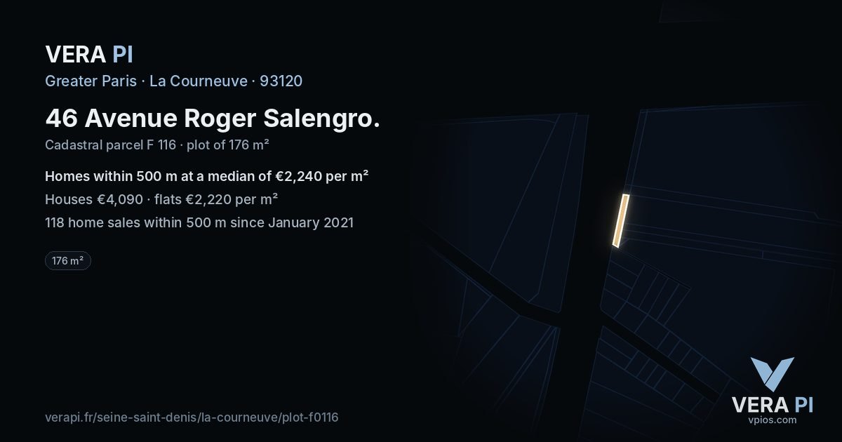 46 Avenue Roger Salengro, La Courneuve at night – the plot lit, the parcels around coloured by the prices near them