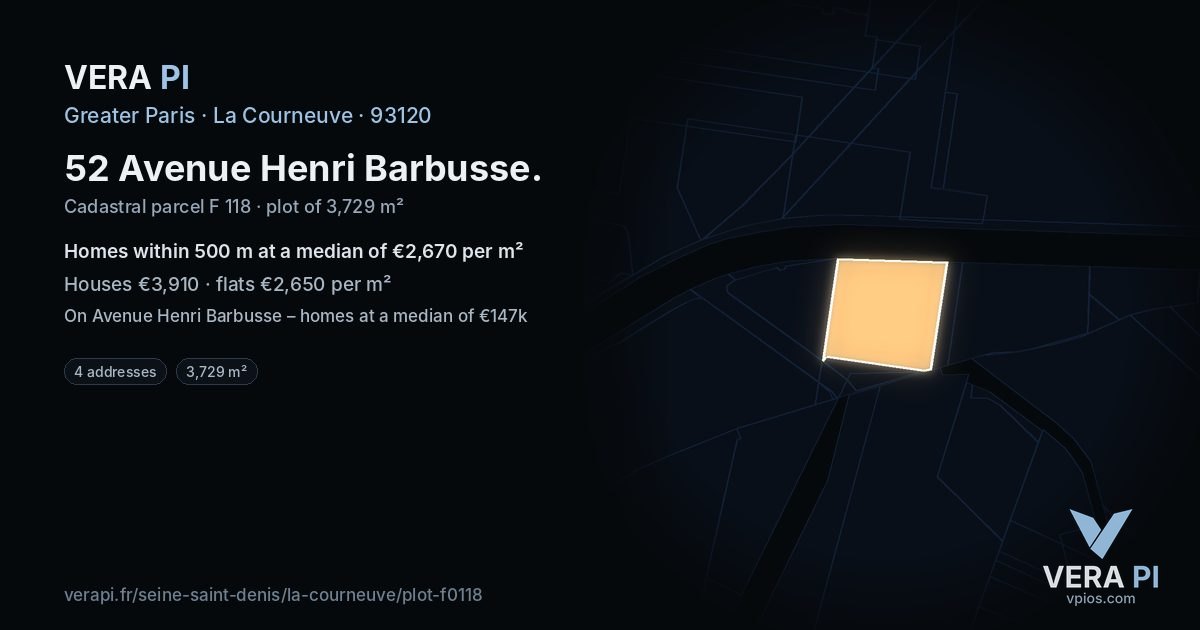 52 Avenue Henri Barbusse, La Courneuve at night – the plot lit, the parcels around coloured by the prices near them