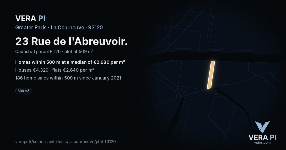 23 Rue de l'Abreuvoir, La Courneuve at night – the plot lit, the parcels around coloured by the prices near them