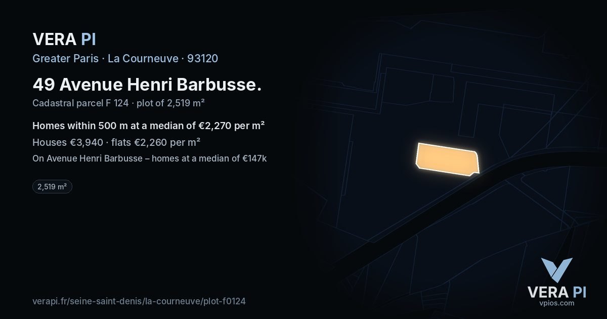49 Avenue Henri Barbusse, La Courneuve at night – the plot lit, the parcels around coloured by the prices near them