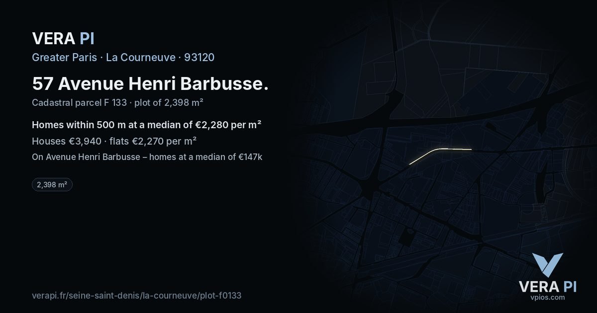 57 Avenue Henri Barbusse, La Courneuve at night – the plot lit, the parcels around coloured by the prices near them