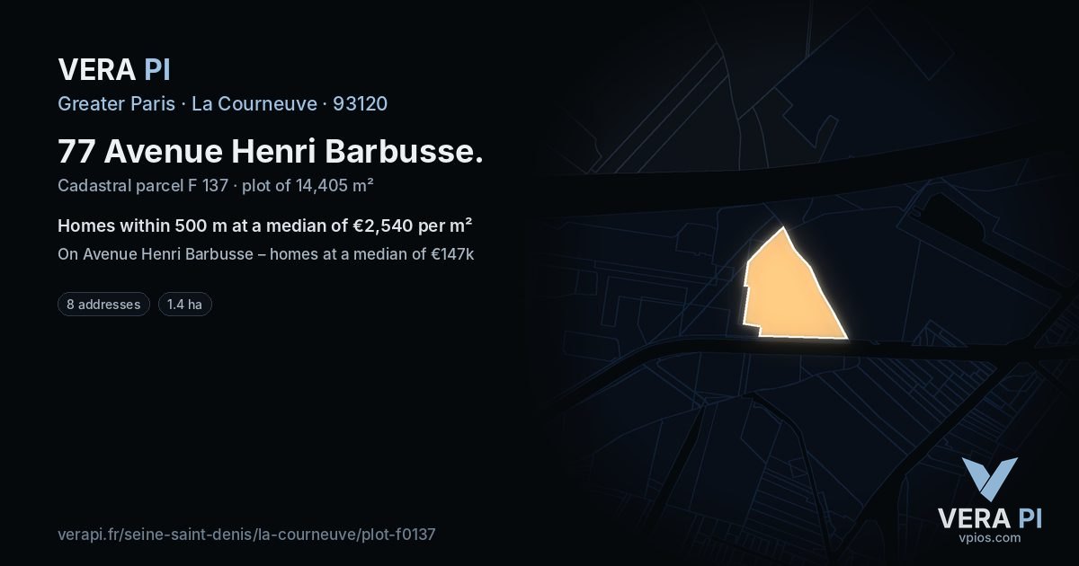 77 Avenue Henri Barbusse, La Courneuve at night – the plot lit, the parcels around coloured by the prices near them