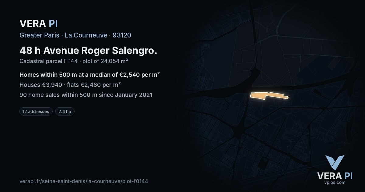 48 h Avenue Roger Salengro, La Courneuve at night – the plot lit, the parcels around coloured by the prices near them