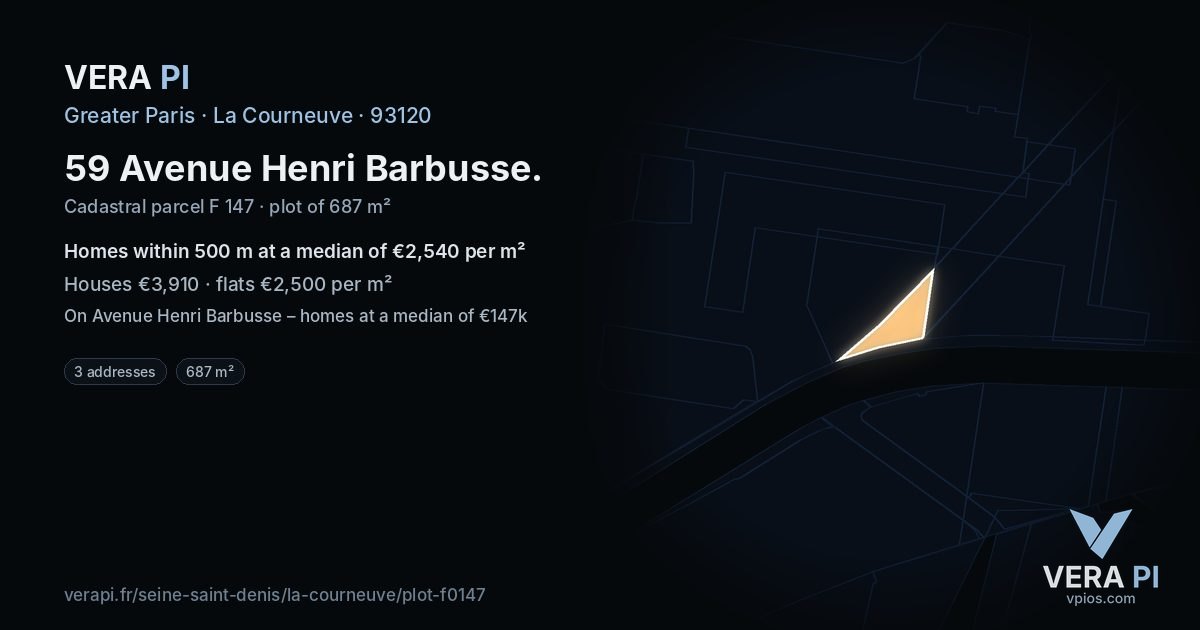 59 Avenue Henri Barbusse, La Courneuve at night – the plot lit, the parcels around coloured by the prices near them