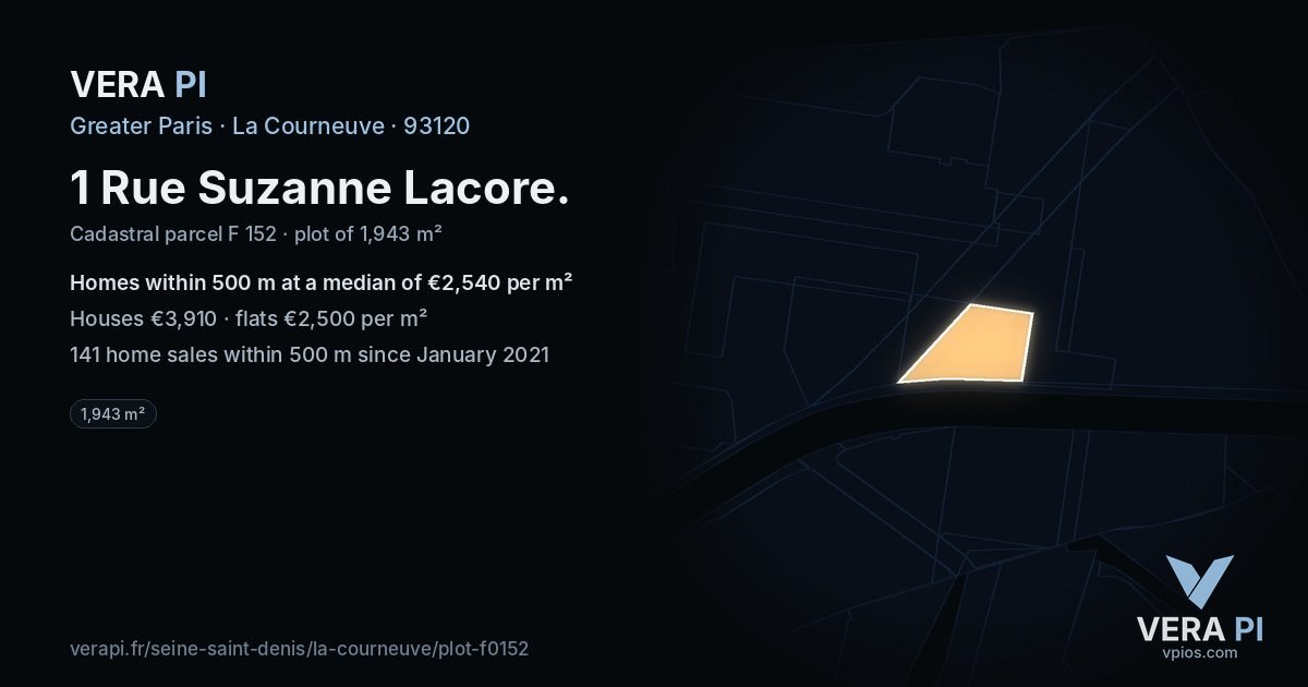 1 Rue Suzanne Lacore, La Courneuve at night – the plot lit, the parcels around coloured by the prices near them