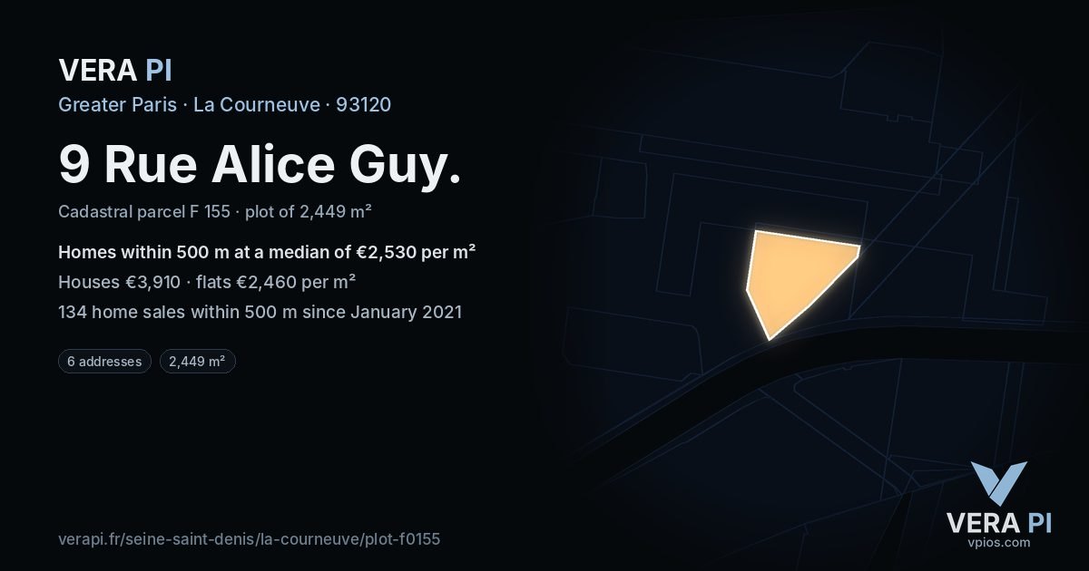 9 Rue Alice Guy, La Courneuve at night – the plot lit, the parcels around coloured by the prices near them