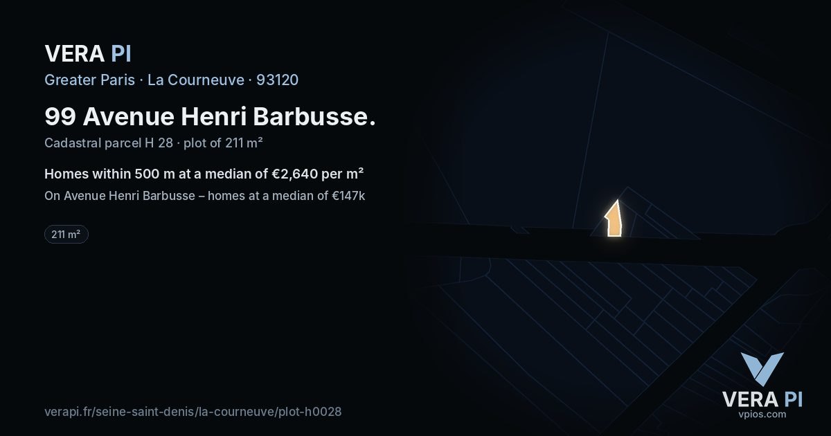 99 Avenue Henri Barbusse, La Courneuve at night – the plot lit, the parcels around coloured by the prices near them