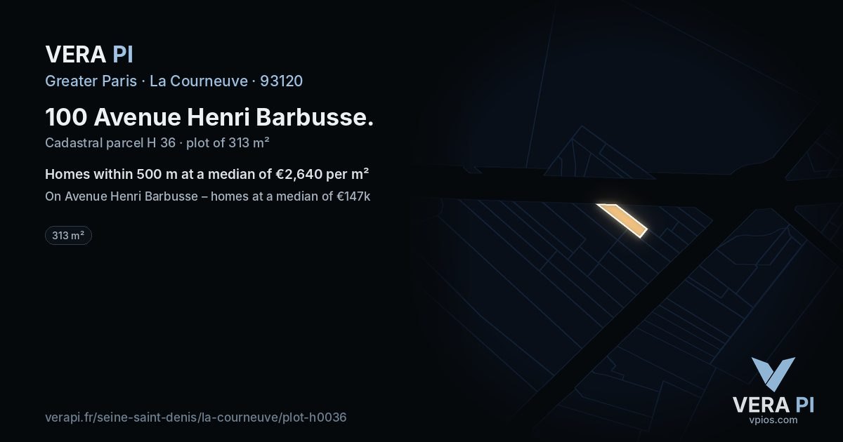 100 Avenue Henri Barbusse, La Courneuve at night – the plot lit, the parcels around coloured by the prices near them