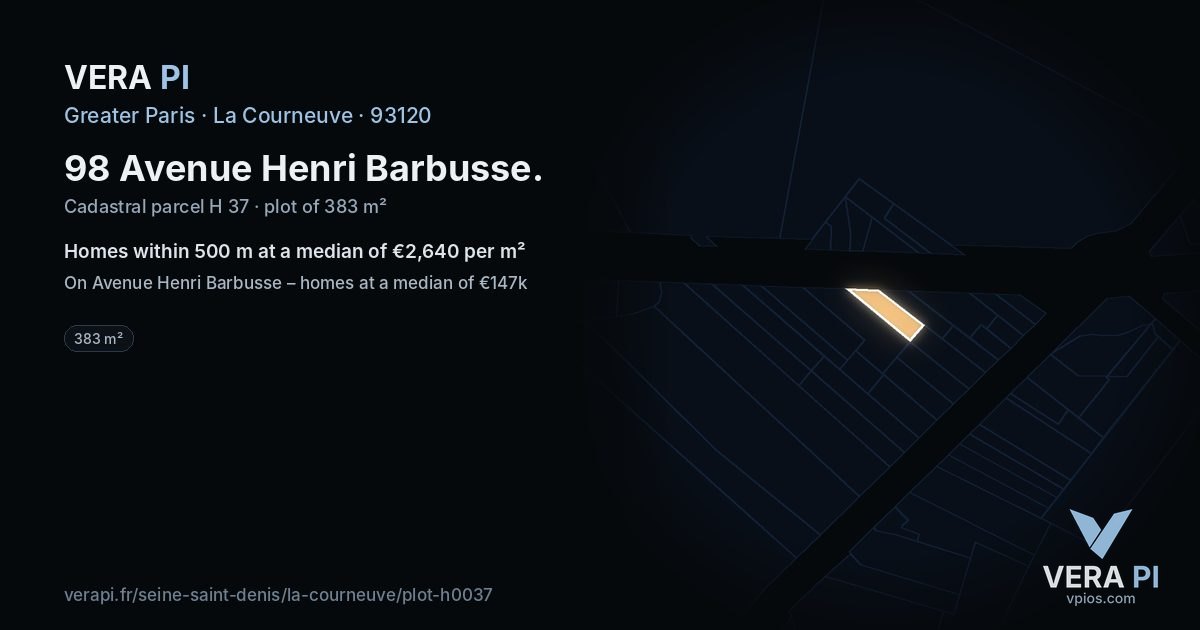 98 Avenue Henri Barbusse, La Courneuve at night – the plot lit, the parcels around coloured by the prices near them