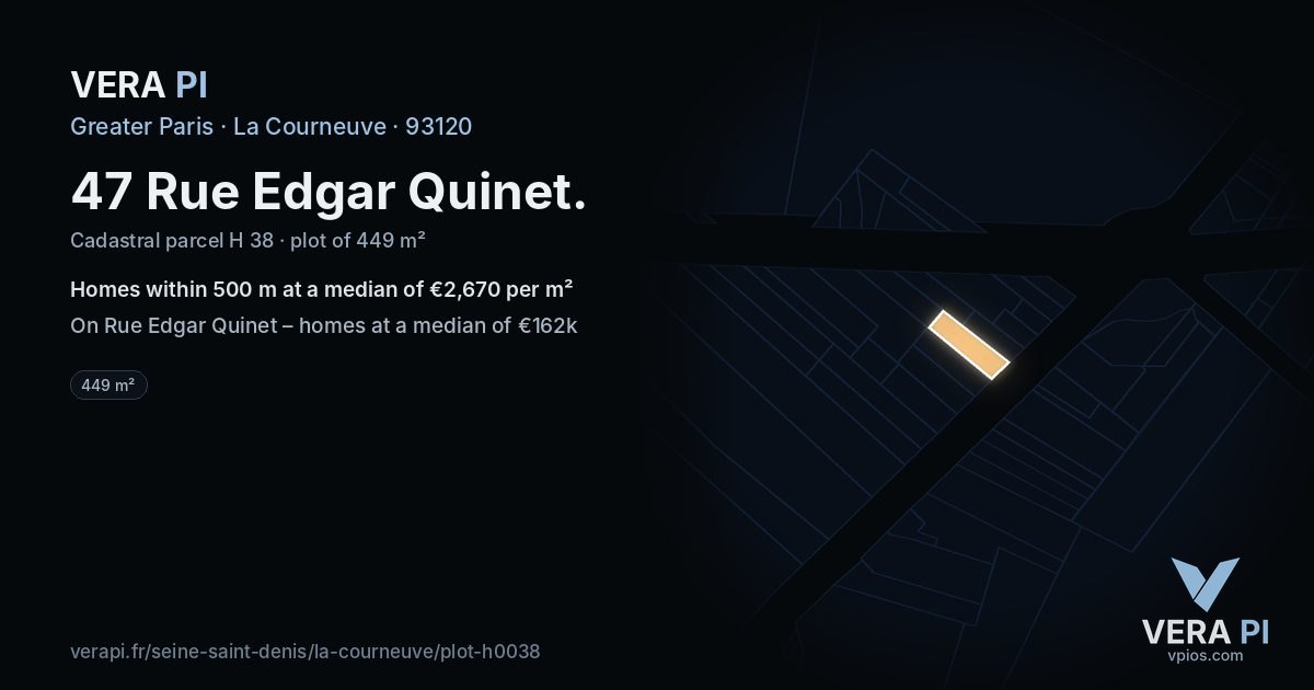 47 Rue Edgar Quinet, La Courneuve at night – the plot lit, the parcels around coloured by the prices near them