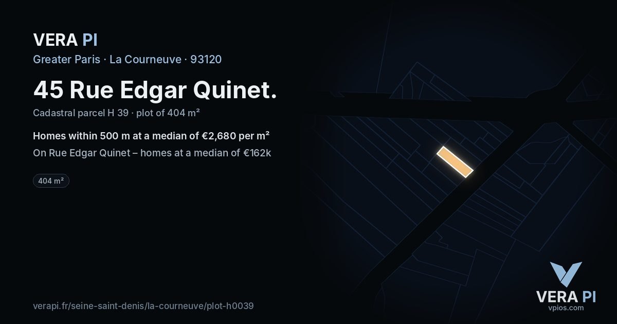 45 Rue Edgar Quinet, La Courneuve at night – the plot lit, the parcels around coloured by the prices near them