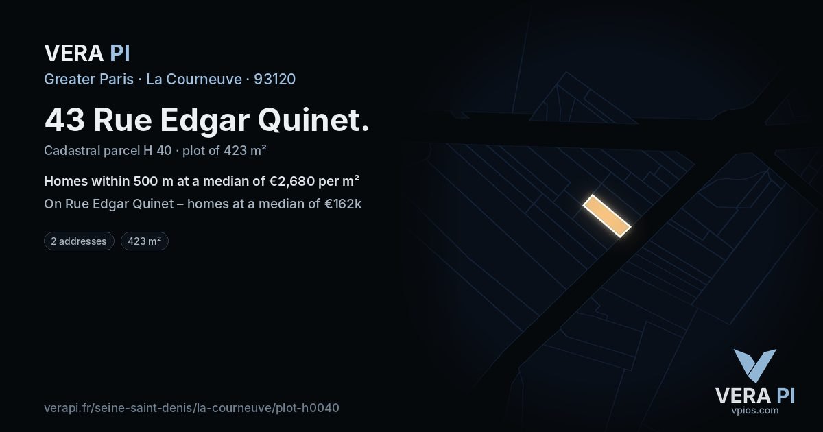 43 Rue Edgar Quinet, La Courneuve at night – the plot lit, the parcels around coloured by the prices near them