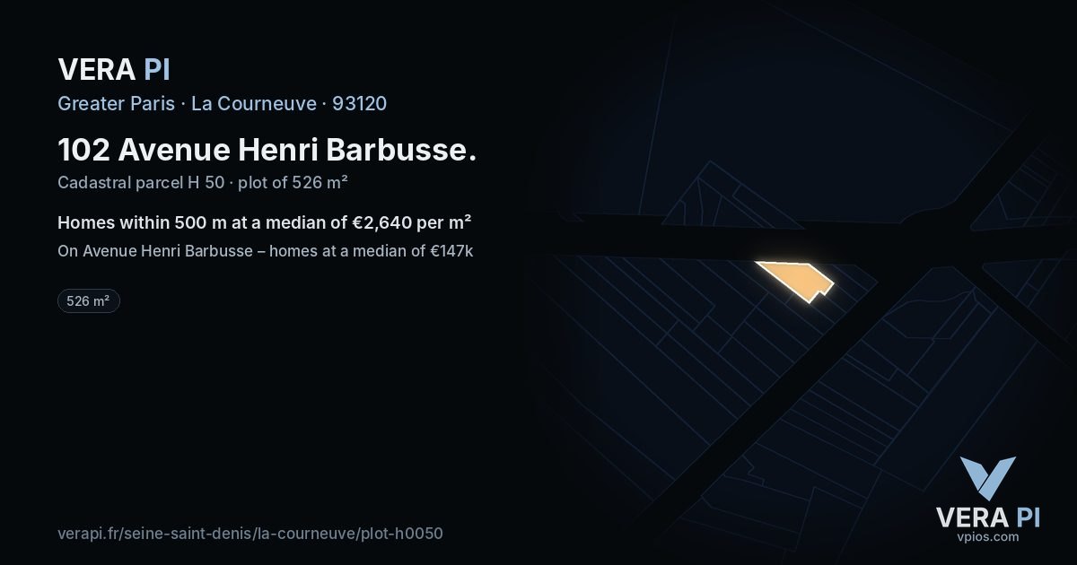 102 Avenue Henri Barbusse, La Courneuve at night – the plot lit, the parcels around coloured by the prices near them