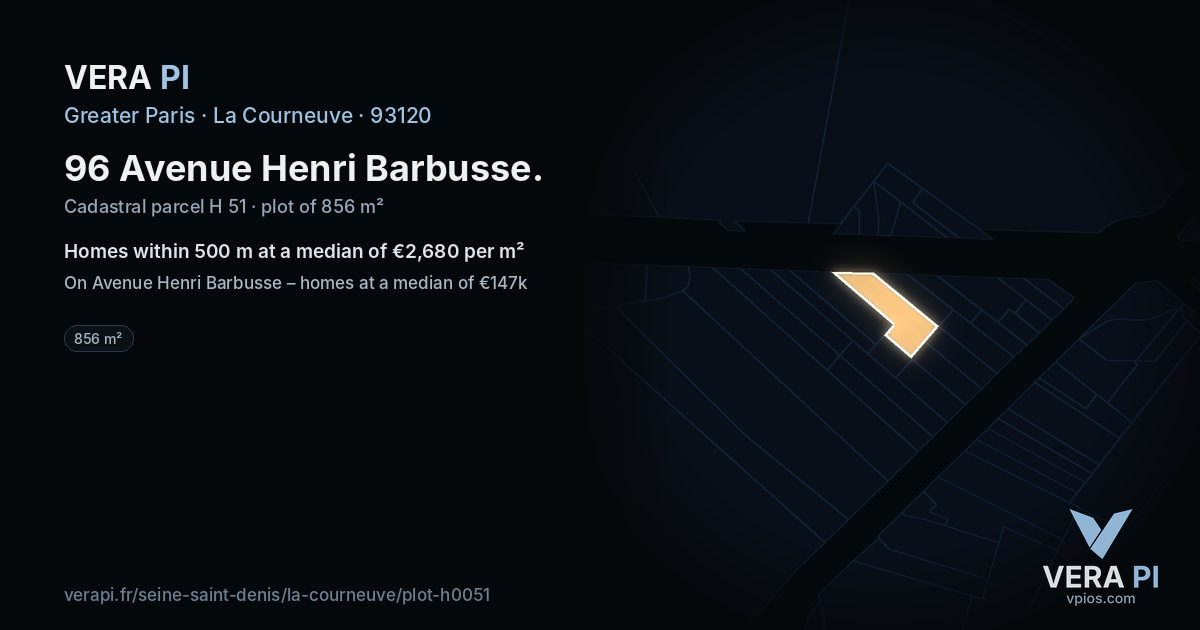 96 Avenue Henri Barbusse, La Courneuve at night – the plot lit, the parcels around coloured by the prices near them