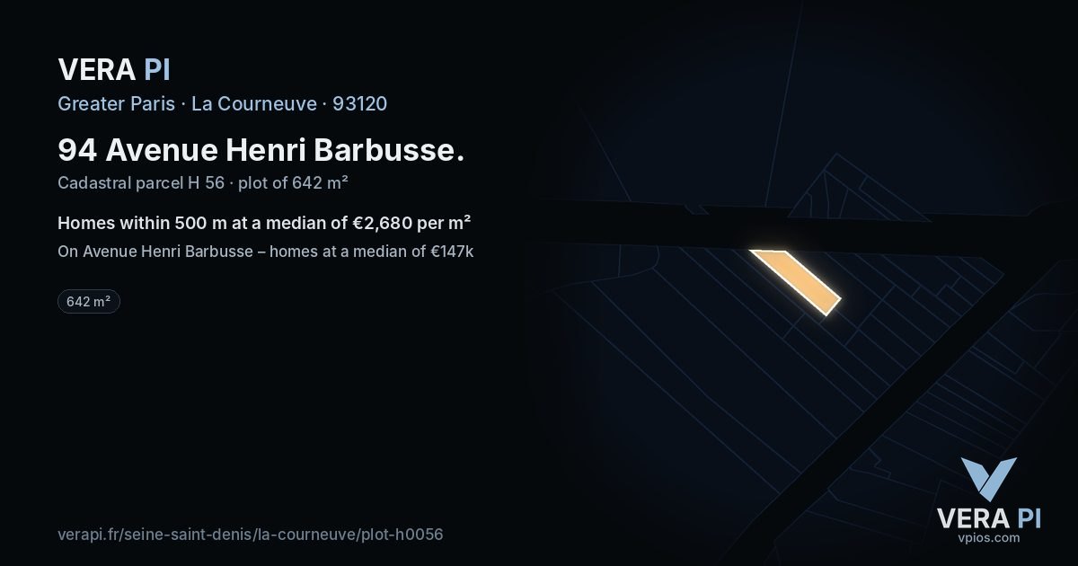 94 Avenue Henri Barbusse, La Courneuve at night – the plot lit, the parcels around coloured by the prices near them