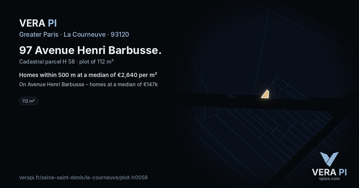 97 Avenue Henri Barbusse, La Courneuve at night – the plot lit, the parcels around coloured by the prices near them