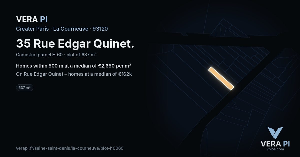 35 Rue Edgar Quinet, La Courneuve at night – the plot lit, the parcels around coloured by the prices near them