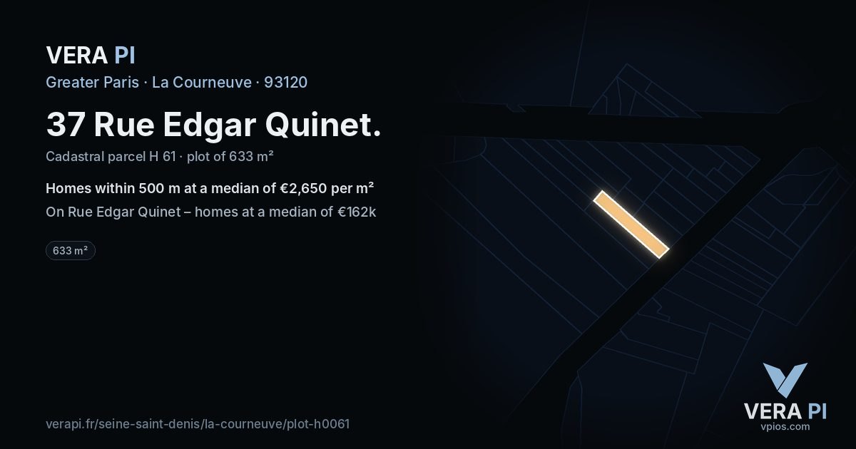 37 Rue Edgar Quinet, La Courneuve at night – the plot lit, the parcels around coloured by the prices near them