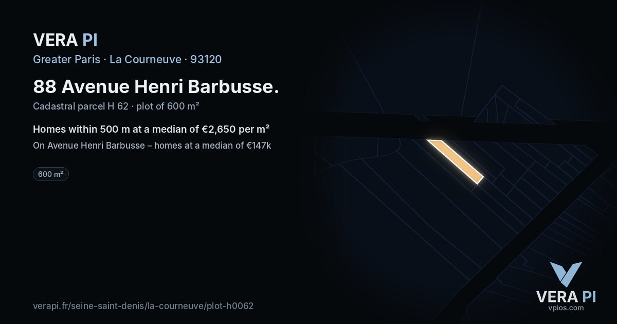 88 Avenue Henri Barbusse, La Courneuve at night – the plot lit, the parcels around coloured by the prices near them