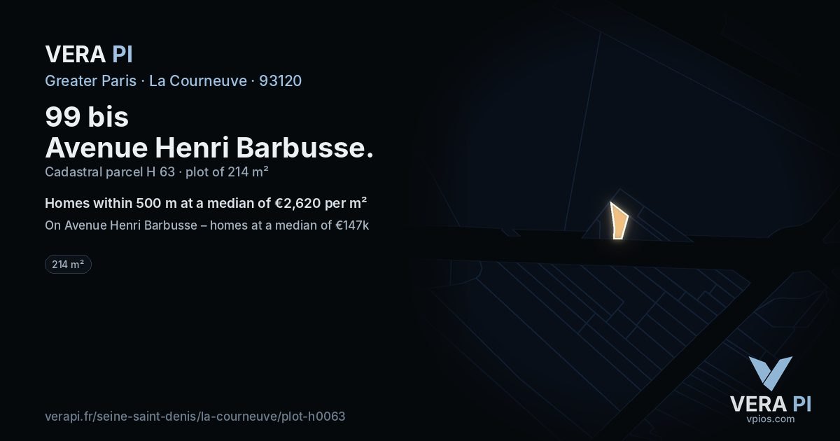 99 bis Avenue Henri Barbusse, La Courneuve at night – the plot lit, the parcels around coloured by the prices near them