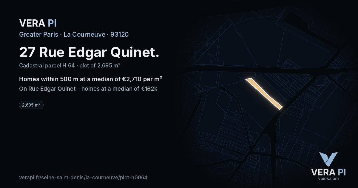 27 Rue Edgar Quinet, La Courneuve at night – the plot lit, the parcels around coloured by the prices near them