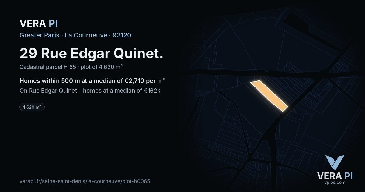 29 Rue Edgar Quinet, La Courneuve at night – the plot lit, the parcels around coloured by the prices near them
