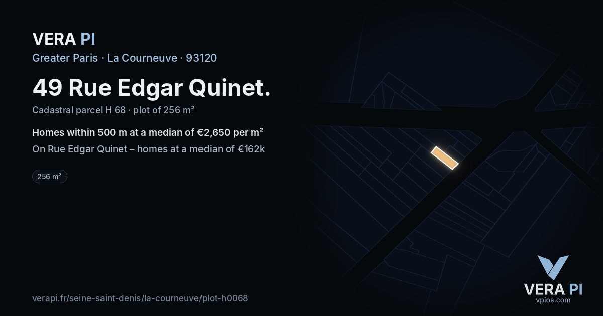 49 Rue Edgar Quinet, La Courneuve at night – the plot lit, the parcels around coloured by the prices near them