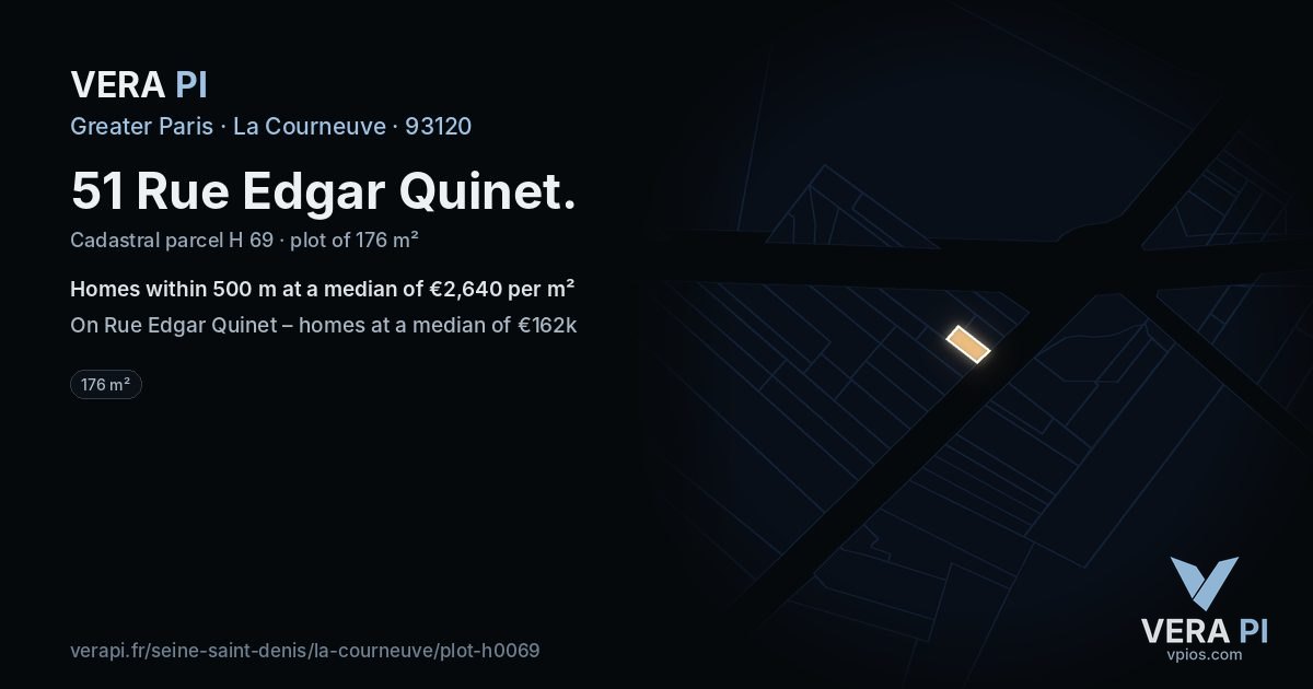 51 Rue Edgar Quinet, La Courneuve at night – the plot lit, the parcels around coloured by the prices near them
