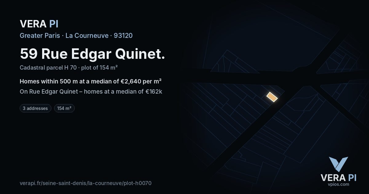59 Rue Edgar Quinet, La Courneuve at night – the plot lit, the parcels around coloured by the prices near them