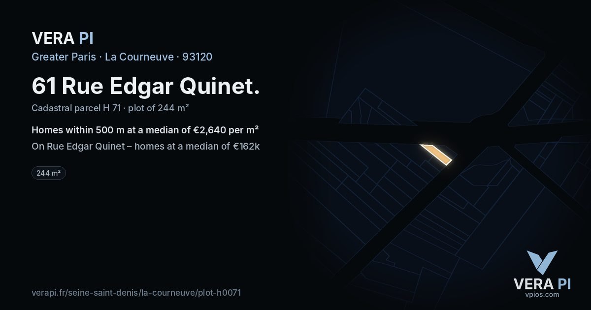 61 Rue Edgar Quinet, La Courneuve at night – the plot lit, the parcels around coloured by the prices near them