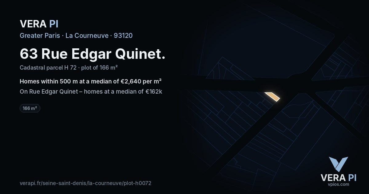 63 Rue Edgar Quinet, La Courneuve at night – the plot lit, the parcels around coloured by the prices near them