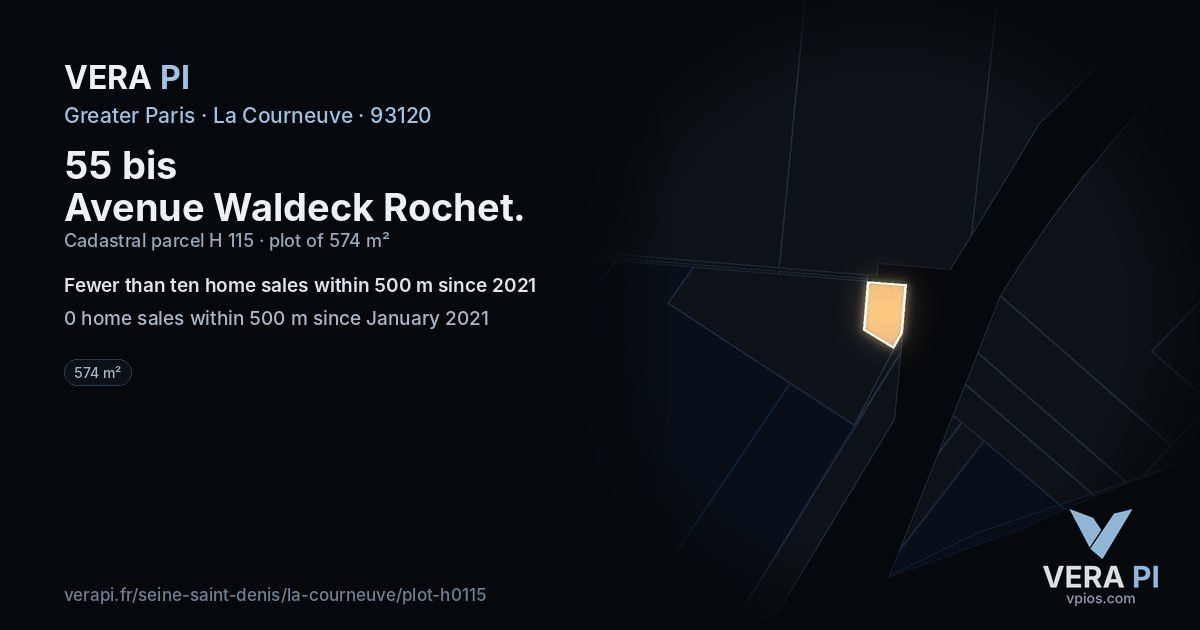 55 bis Avenue Waldeck Rochet, La Courneuve at night – the plot lit, the parcels around coloured by the prices near them