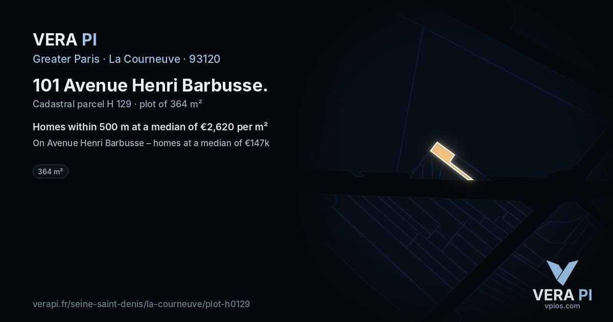 101 Avenue Henri Barbusse, La Courneuve at night – the plot lit, the parcels around coloured by the prices near them