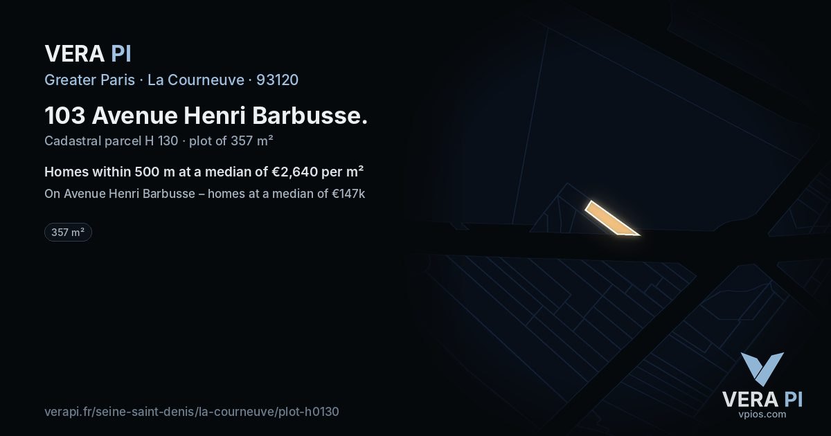 103 Avenue Henri Barbusse, La Courneuve at night – the plot lit, the parcels around coloured by the prices near them
