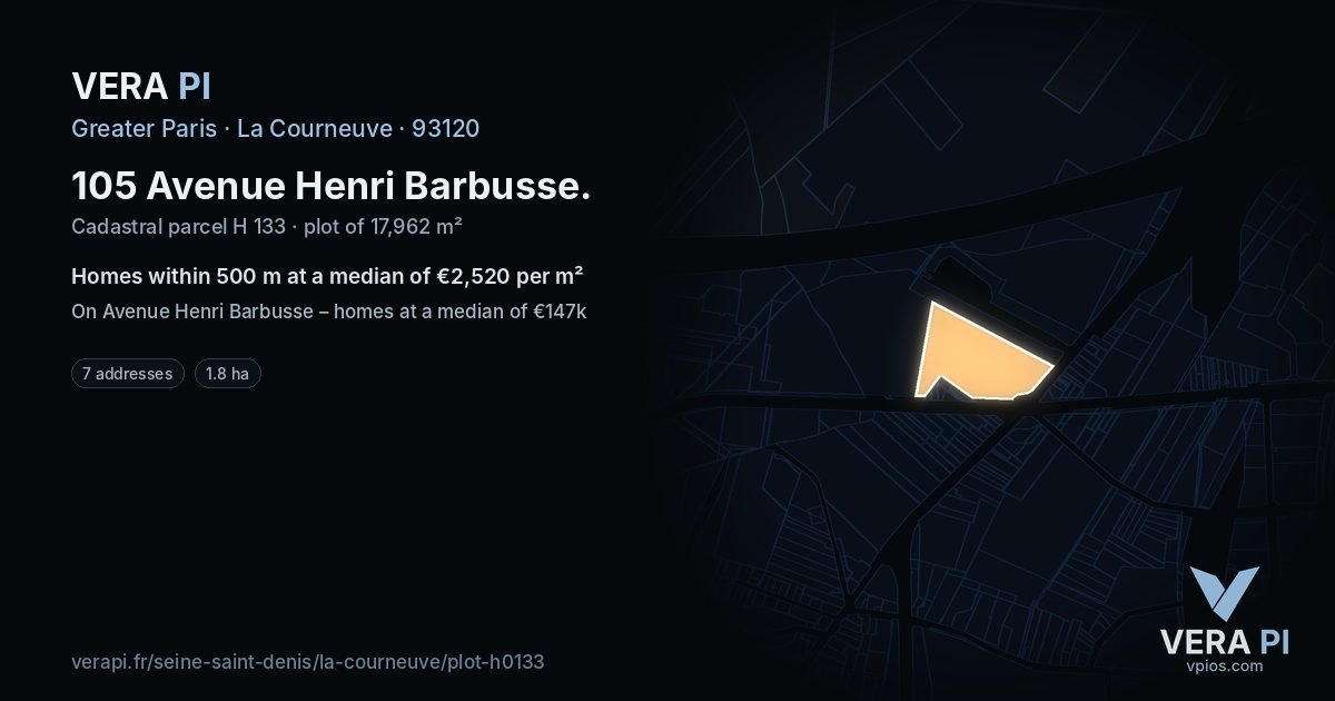 105 Avenue Henri Barbusse, La Courneuve at night – the plot lit, the parcels around coloured by the prices near them