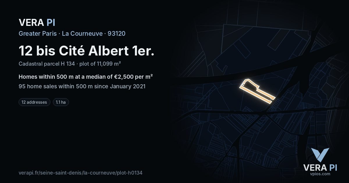 12 bis Cité Albert 1er, La Courneuve at night – the plot lit, the parcels around coloured by the prices near them