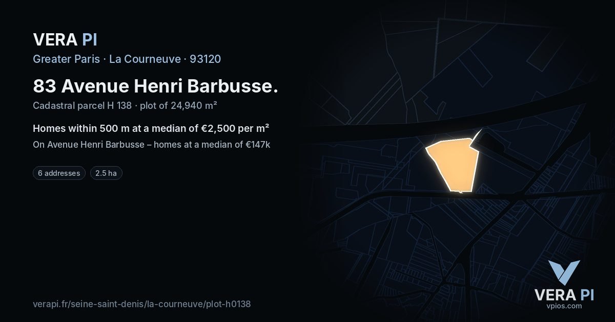 83 Avenue Henri Barbusse, La Courneuve at night – the plot lit, the parcels around coloured by the prices near them