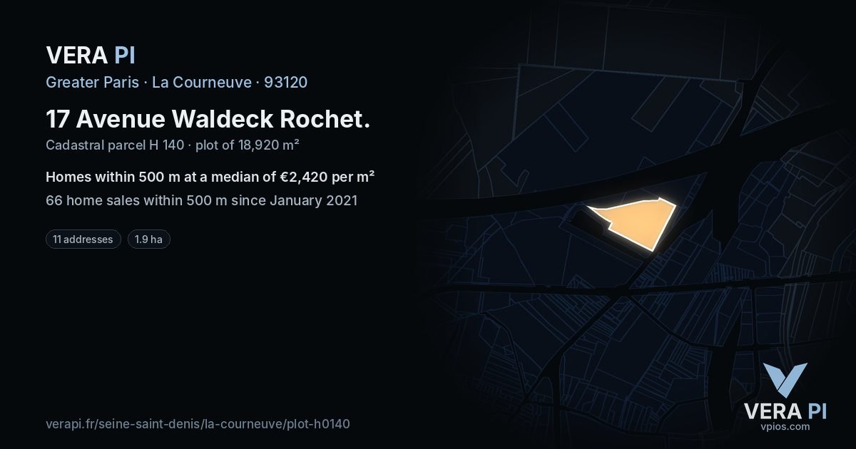 17 Avenue Waldeck Rochet, La Courneuve at night – the plot lit, the parcels around coloured by the prices near them