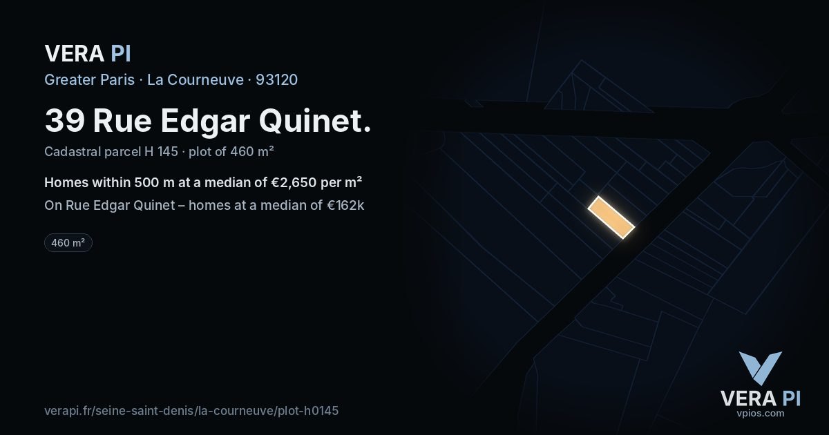 39 Rue Edgar Quinet, La Courneuve at night – the plot lit, the parcels around coloured by the prices near them