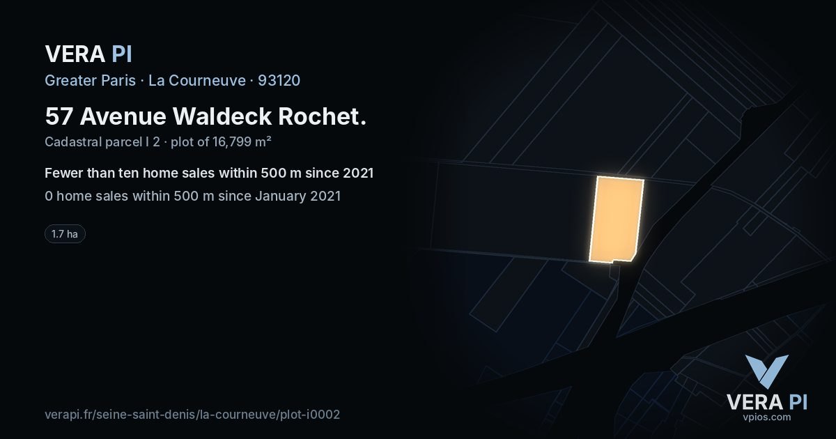 57 Avenue Waldeck Rochet, La Courneuve at night – the plot lit, the parcels around coloured by the prices near them