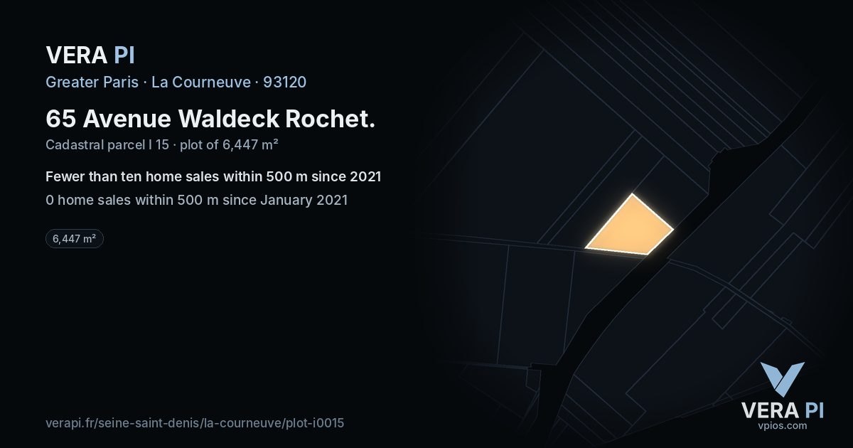 65 Avenue Waldeck Rochet, La Courneuve at night – the plot lit, the parcels around coloured by the prices near them