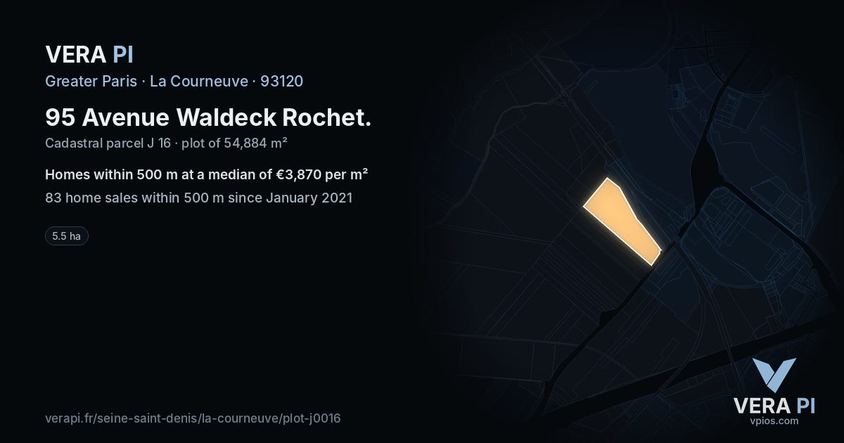 95 Avenue Waldeck Rochet, La Courneuve at night – the plot lit, the parcels around coloured by the prices near them