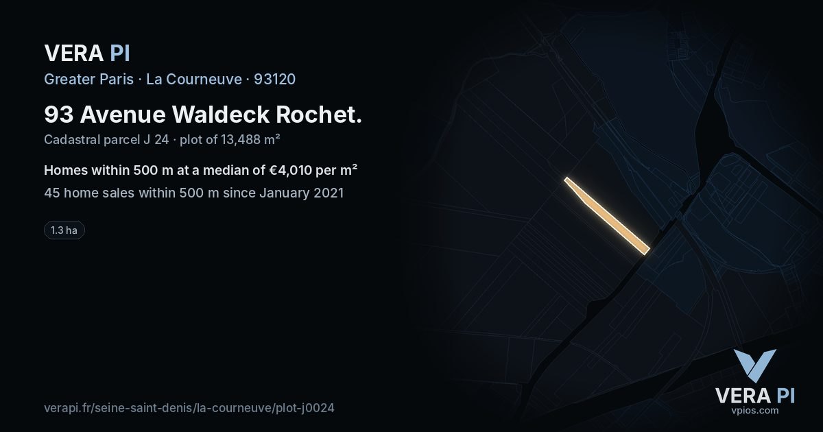 93 Avenue Waldeck Rochet, La Courneuve at night – the plot lit, the parcels around coloured by the prices near them