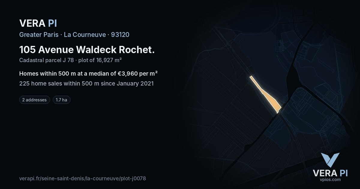 105 Avenue Waldeck Rochet, La Courneuve at night – the plot lit, the parcels around coloured by the prices near them